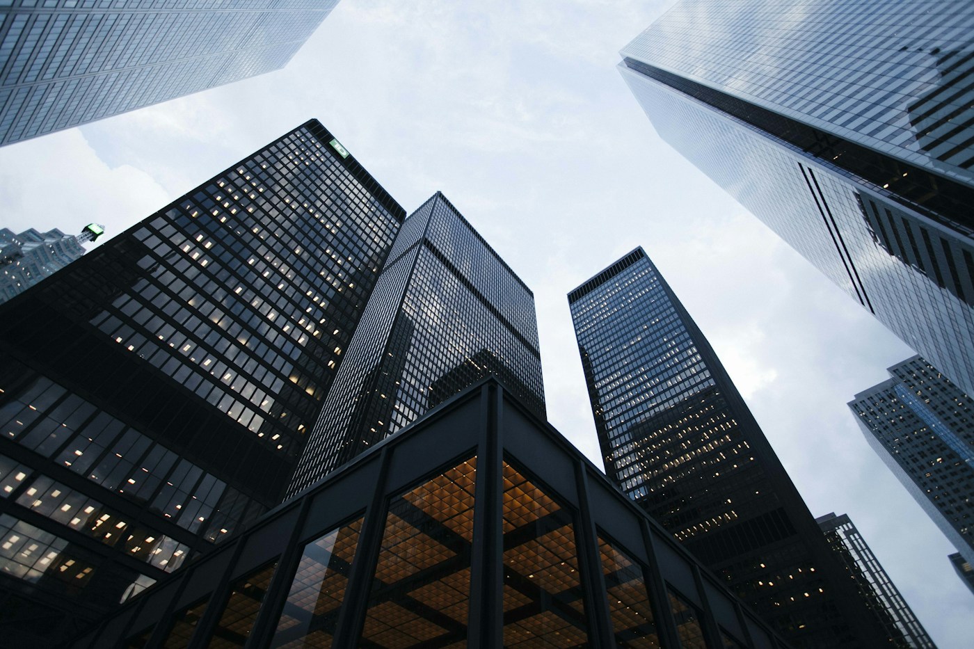 An upward view of a city’s modern architecture